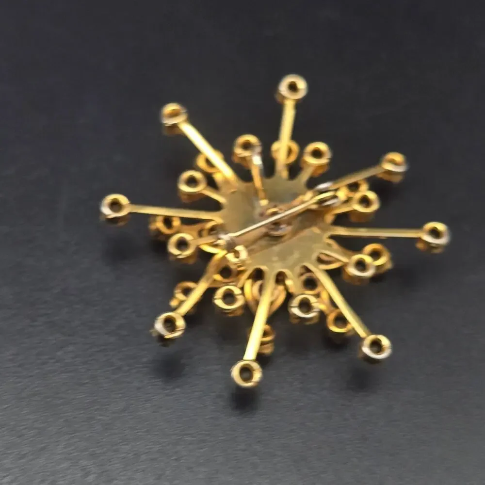 Red Rhinestone Gold Tone Star Burst Brooch Atomic MCM Vintage